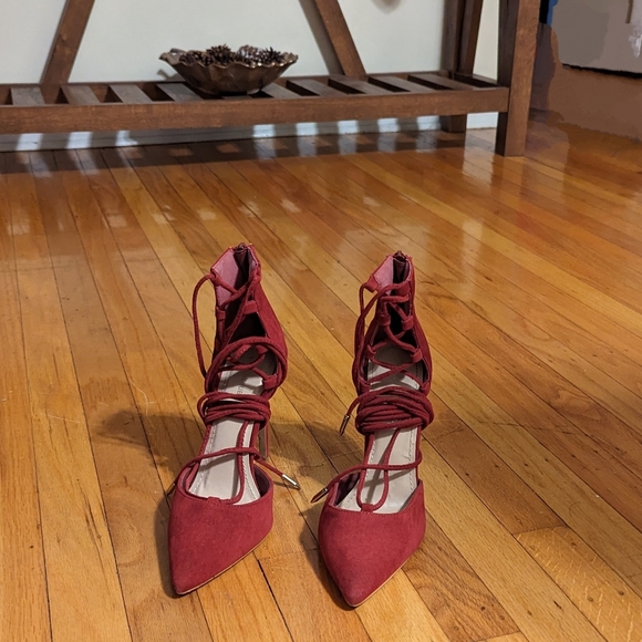 Lulu's wine vegan suede wrap up heels. - Picture 7 of 9